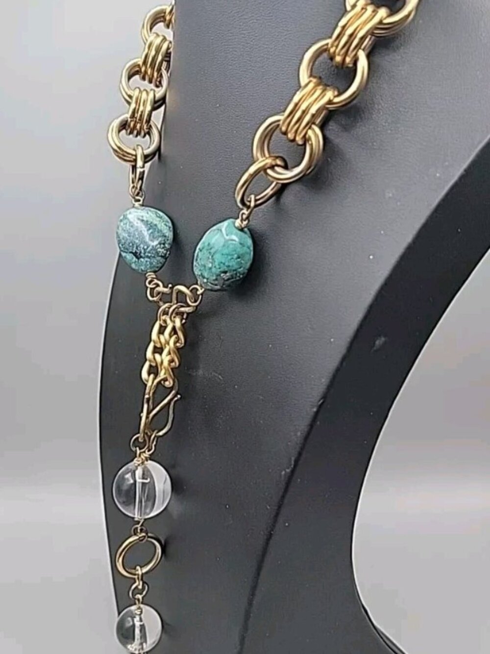 Vintage Turquoise Stone & Gold Chain Necklace Large Natural Turquoise Pendant - Picture 11 of 16